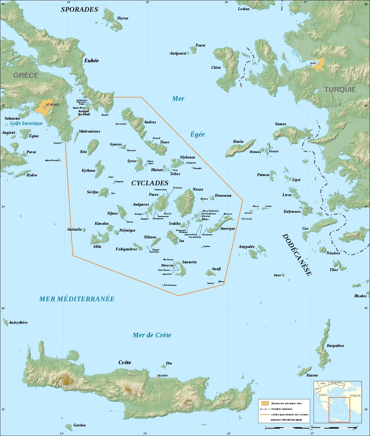Kikladi Grčija map - Zemljevid Cyclades grških otokov (Južni Evropi